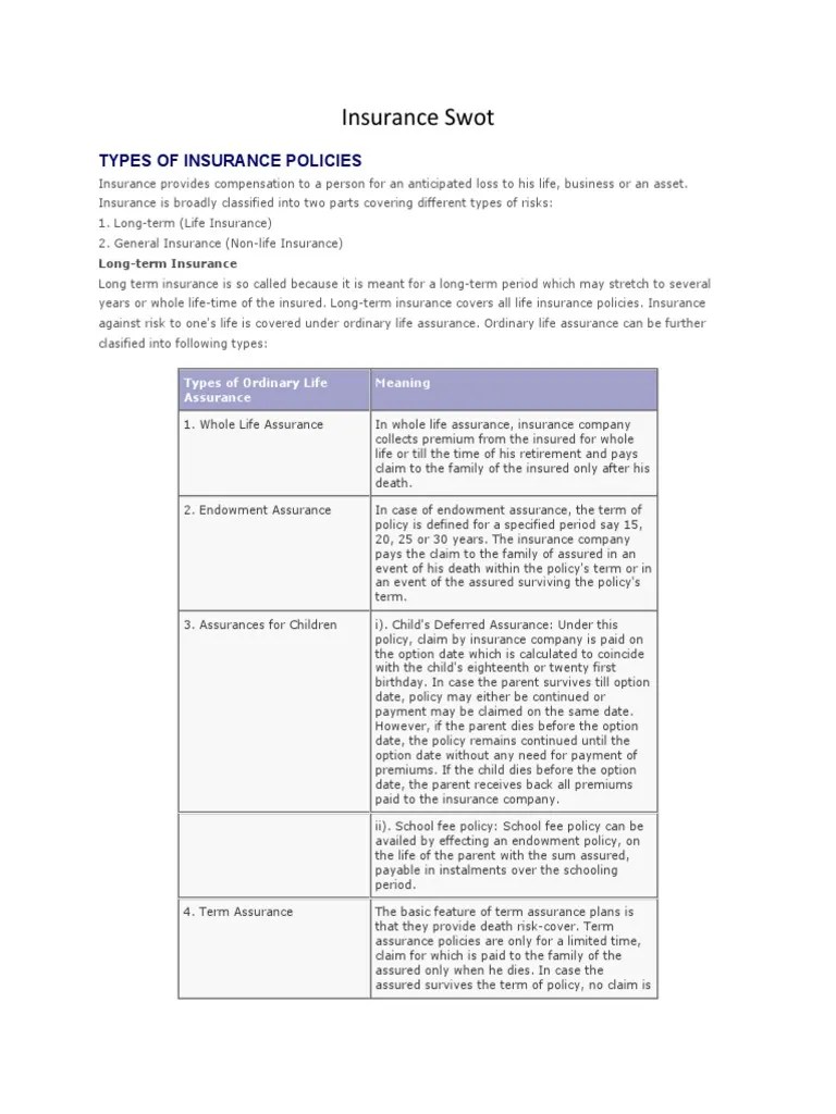 Insurance Swot: Types Of Insurance Policies | PDF | Insurance | Life ...