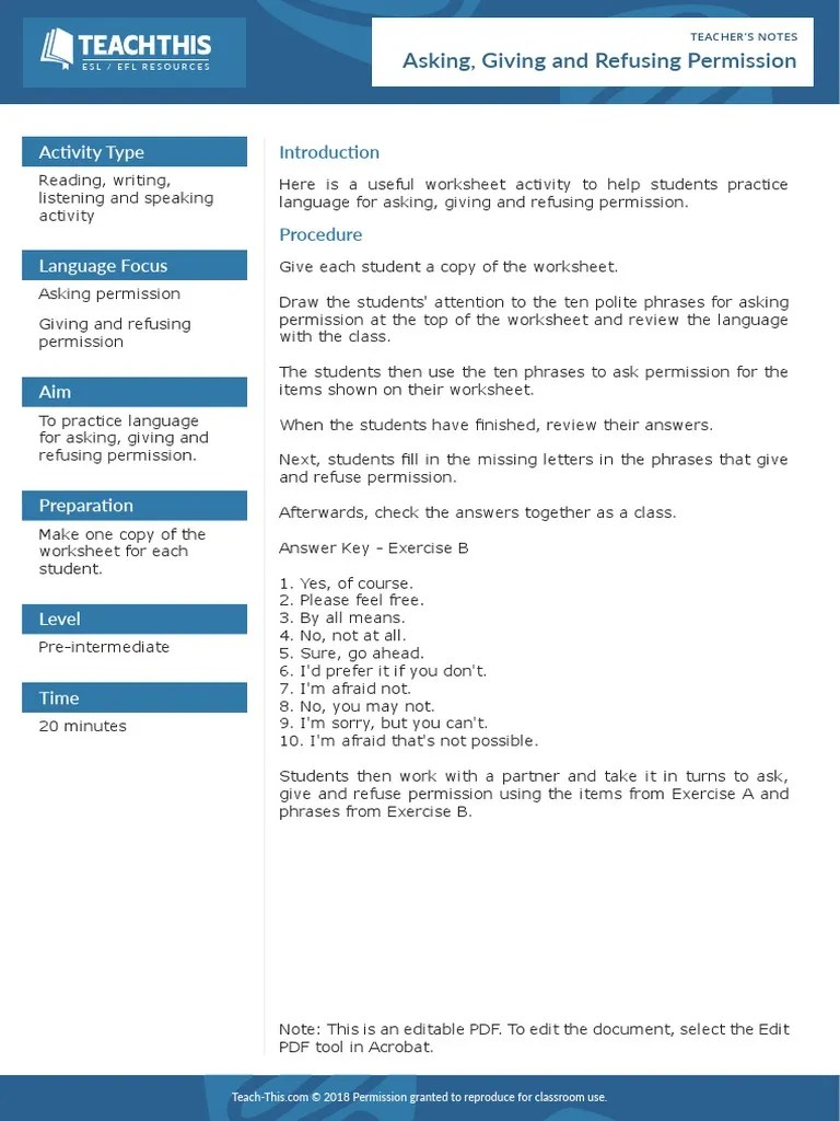 Asking Giving And Refusing Permission | PDF | English As A Second Or Foreign Language ...