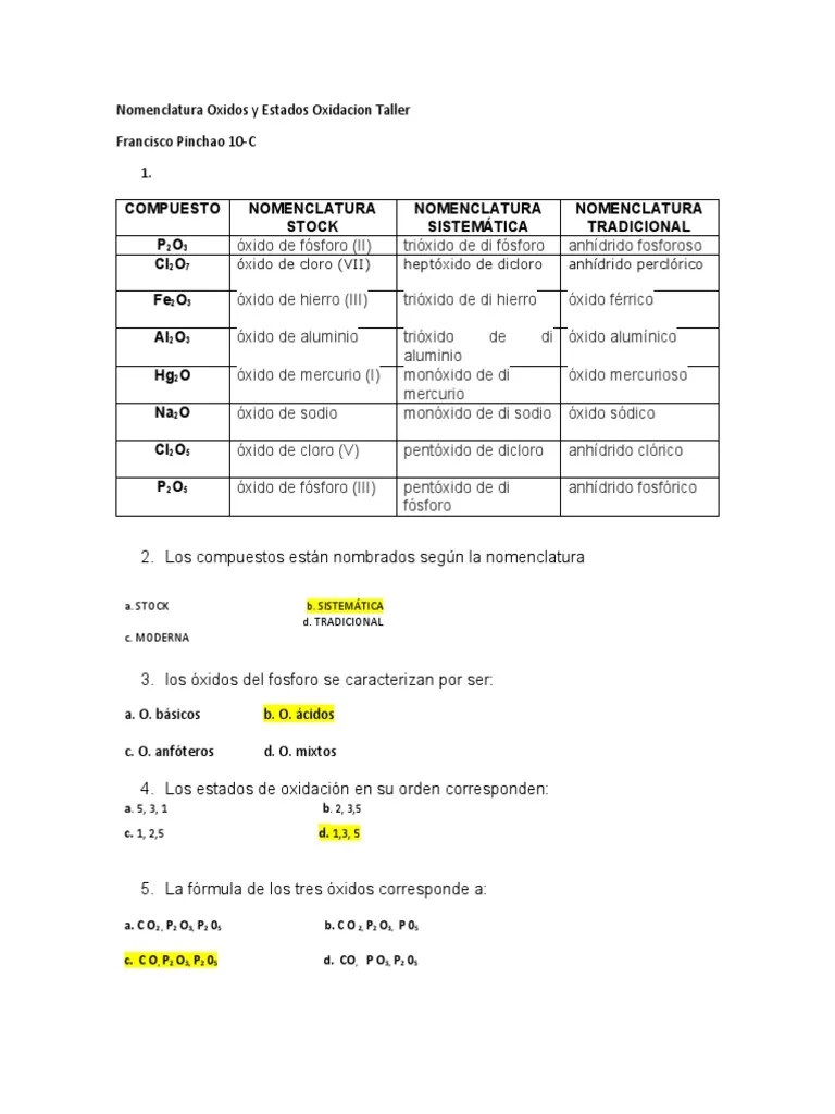 Nomenclatura Oxidos Y Estados Oxidacion Taller | PDF | Óxido | Redox