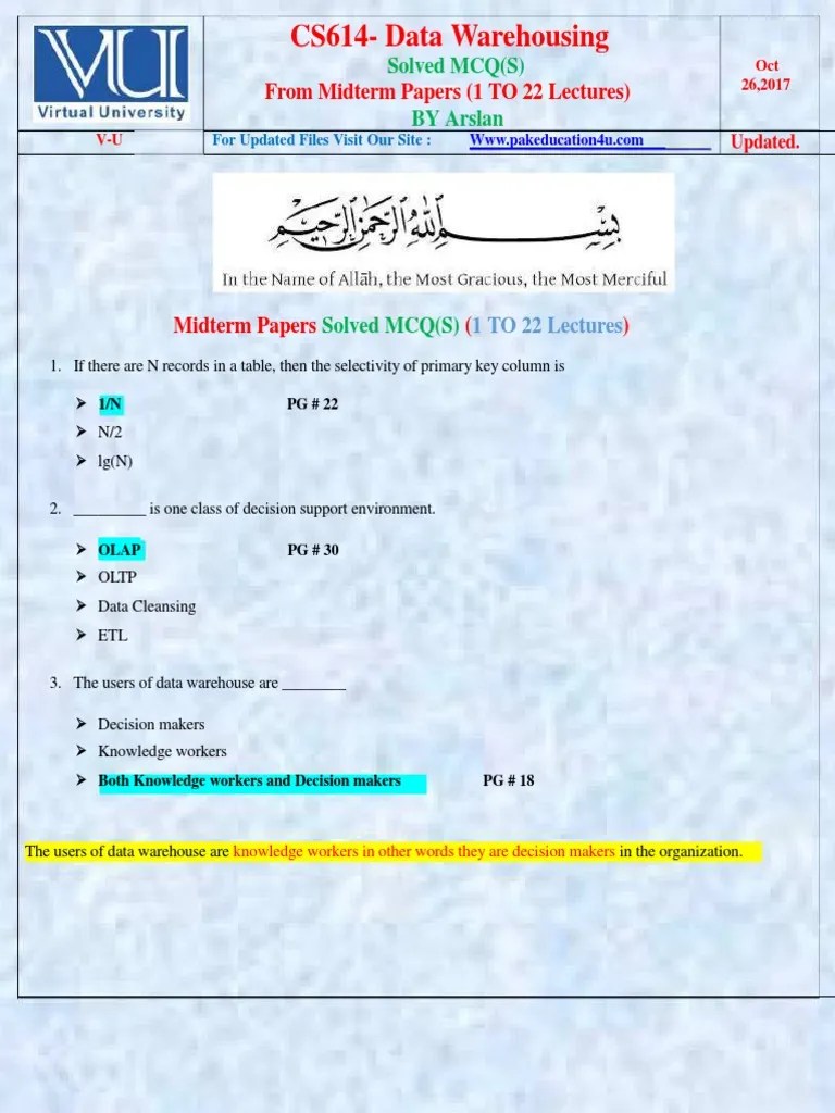 CS614 MidTerm MCQs Solved By Arslan | PDF | Data Warehouse | Information Technology