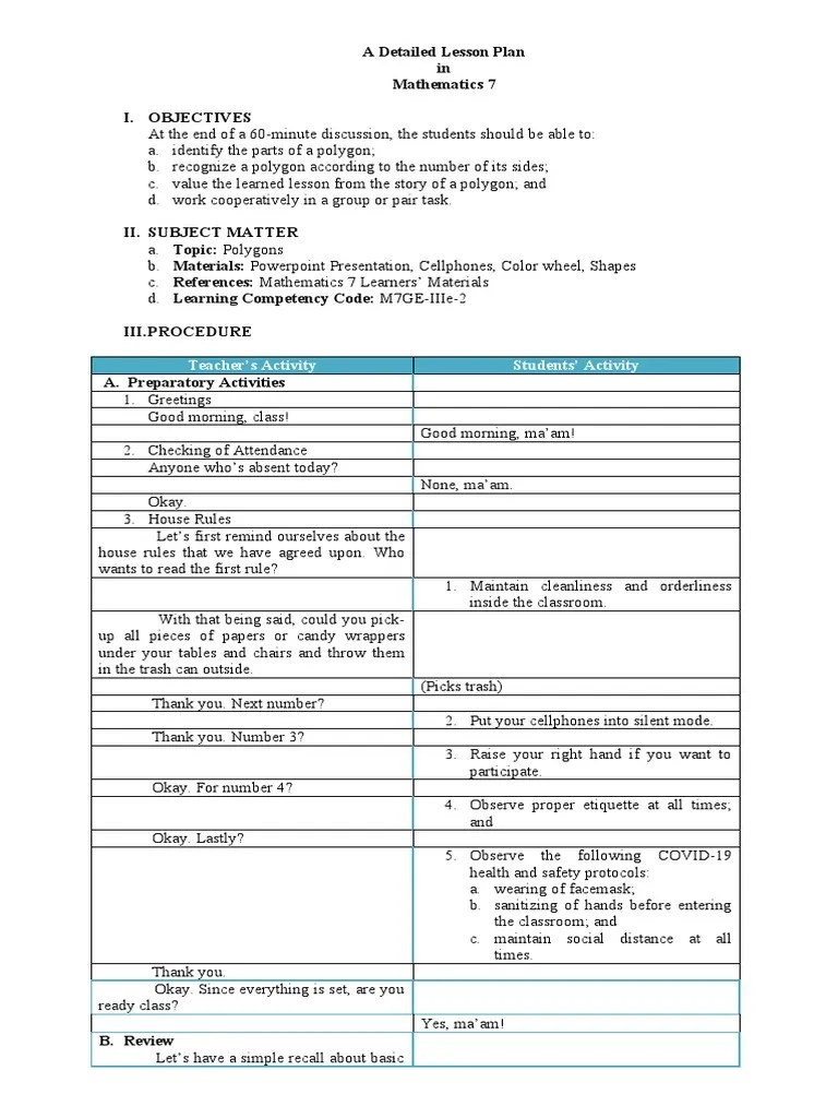 A Detailed Lesson Plan In Mathematics 7 I. Objectives: Teacher's ...