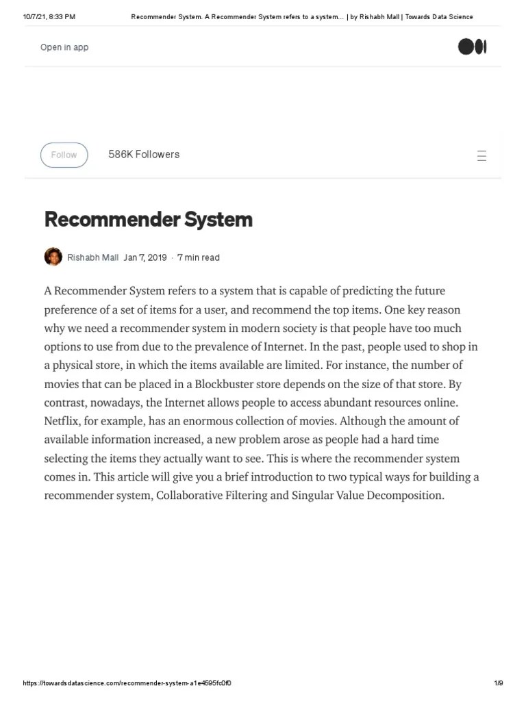 Recommender System. A Recommender System Refers To A System - By Rishabh Mall - Towards Data ...