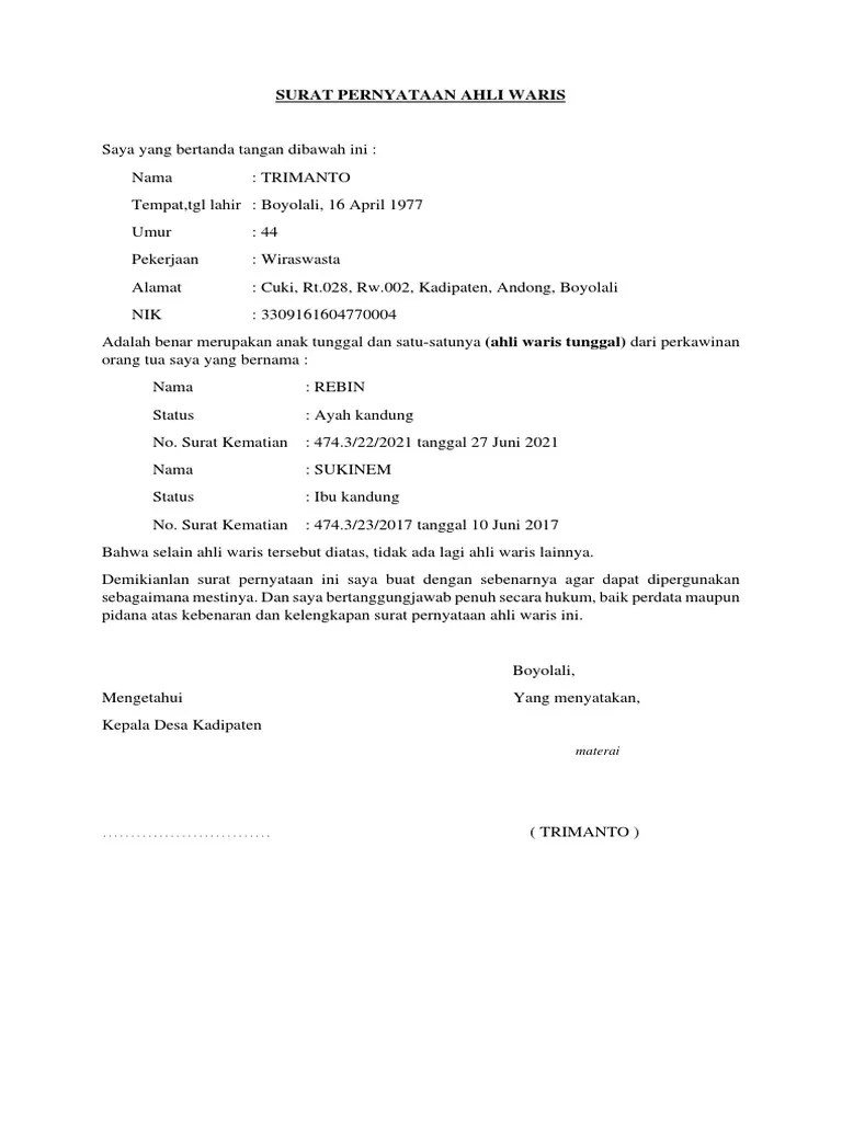 Surat Pernyataan Ahli Waris Tunggal | PDF