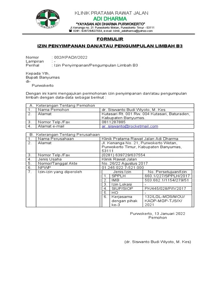 Formulir Izin Penyimpanan Dan Atau Pengumpulan Limbah B3 | PDF