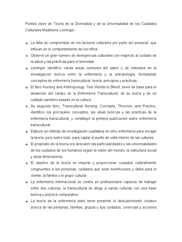 Puntos Clave De Teoría De La Diversidad Y De La Universalidad De Los Cuidados Culturales ...