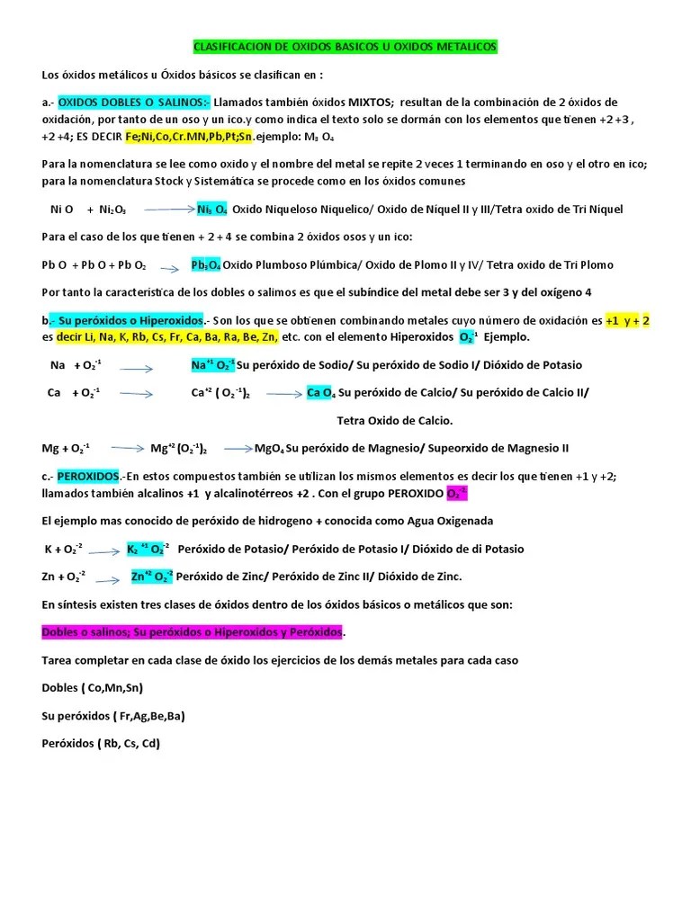 Clasificacion De Oxidos Basicos U Oxidos Metalicos | PDF