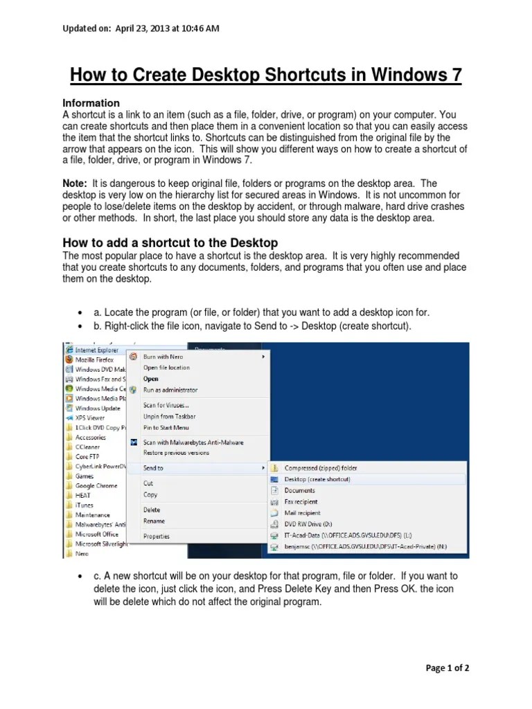 How To Create Desktop Shortcuts In Windows 7 | PDF | Icon (Computing) | Computer File
