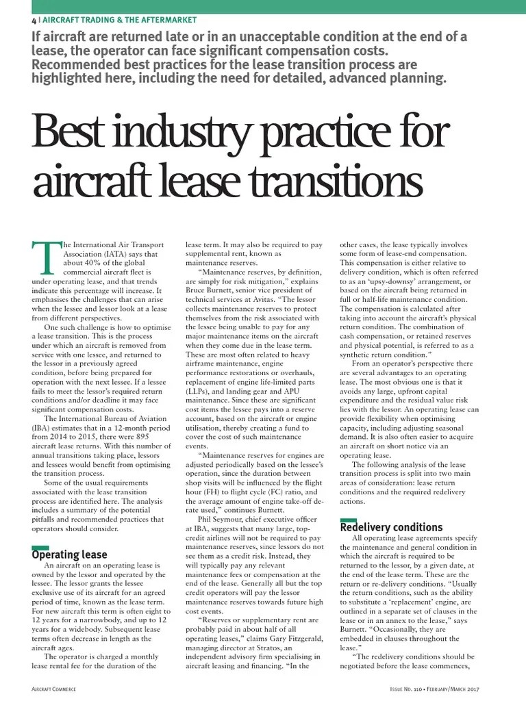 Best Industry Practice For Aircraft Lease Transitions | PDF | Lease | Airlines