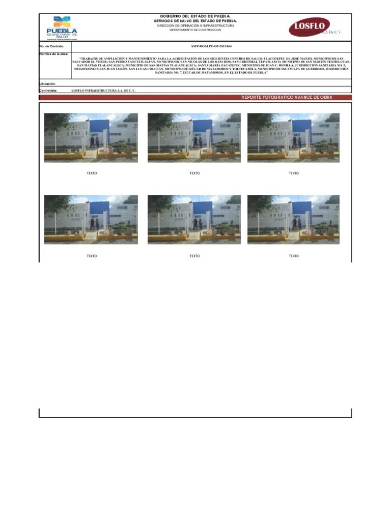 Formato Reporte De Avance De Obra | PDF