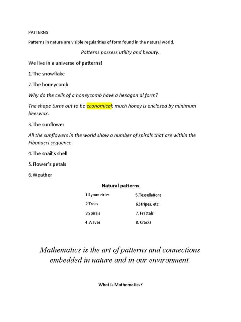 Mathematics Is The Art Of Patterns And Connections Embedded In Nature And In Our Environment ...