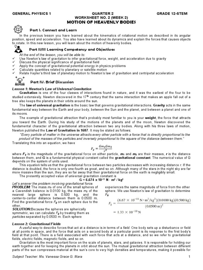 General Physics 1 Quarter 2 WEEK 2 | PDF | Orbit | Gravity