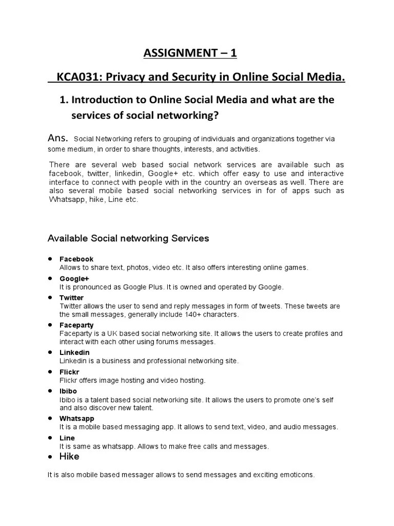 Privacy And Security In Online Social Media. ASSIGNMENT | PDF | Popular Culture & Media Studies ...