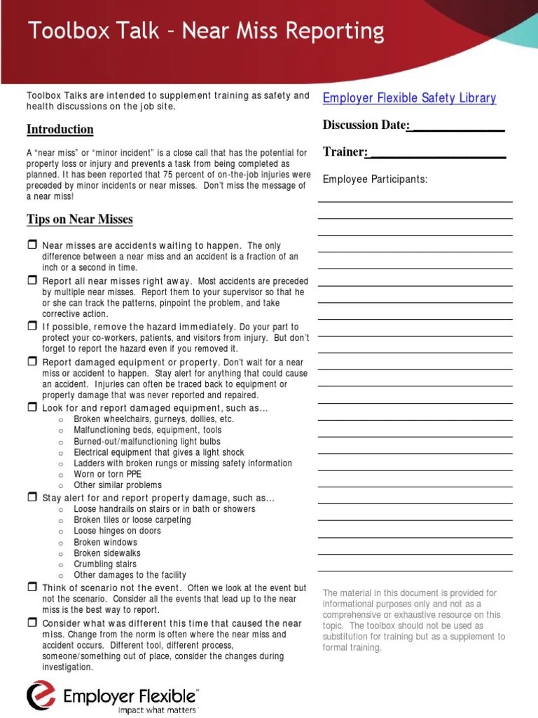Toolbox Talks - Near Miss Reporting | PDF | Occupational Safety And Health | Safety