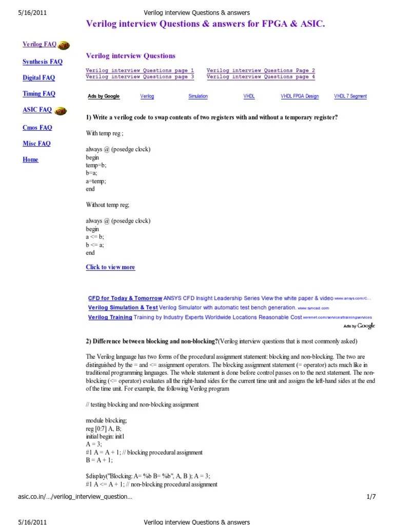 Verilog Interview Questions & Answers For FPGA & ASIC | PDF | Vhdl ...