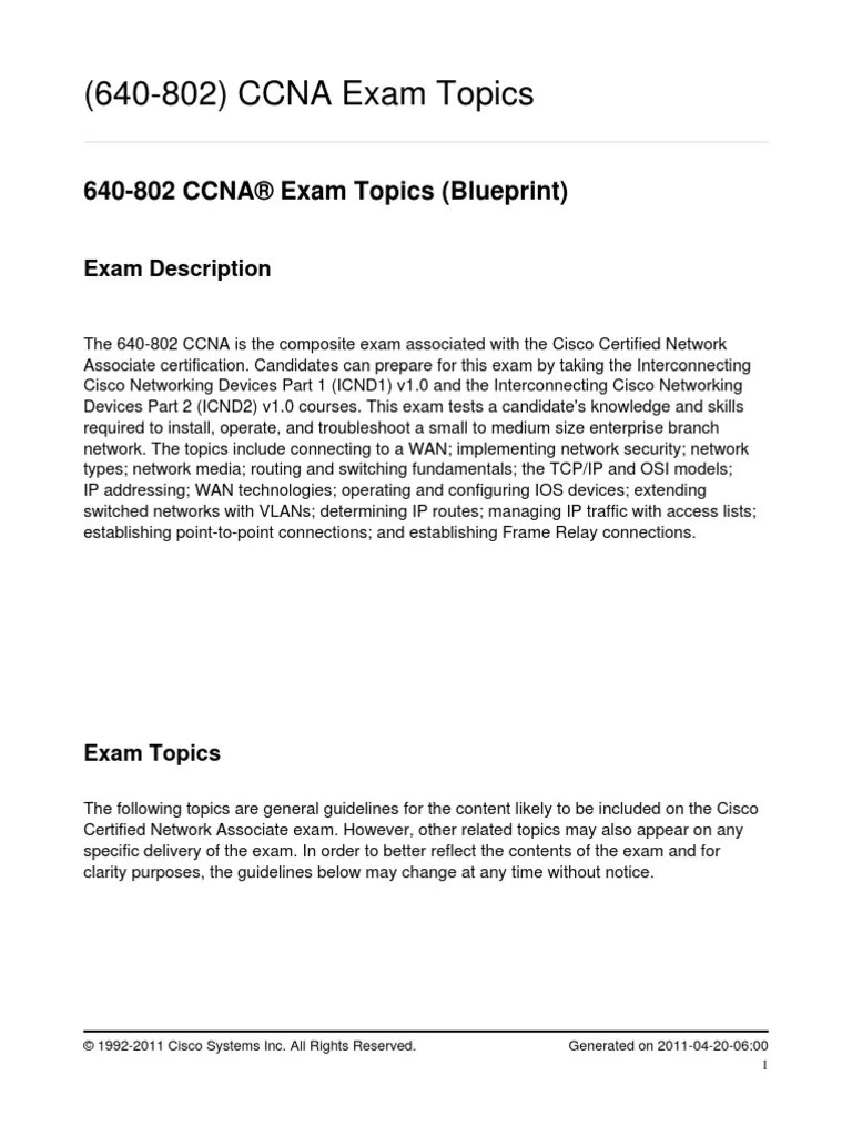 640-802 CCNA® Exam Topics (Blueprint) | PDF | Cisco Certifications ...