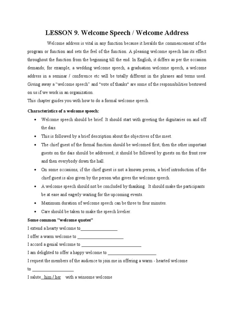 LESSON 9. Welcome Speech / Welcome Address | PDF | Teachers | Expert