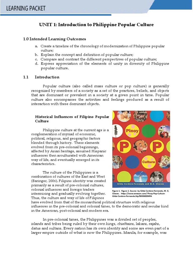 UNIT 1: Introduction To Philippine Popular Culture: 1.0 Intended Learning Outcomes | PDF ...