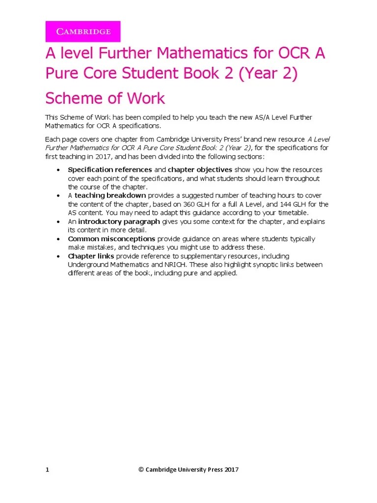 A Level Further Maths For OCR Pure 2 Scheme Of Work | PDF