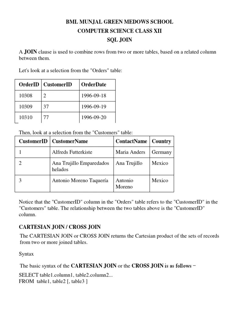 CS SQL Joins Class XII | PDF | Data Management | Data