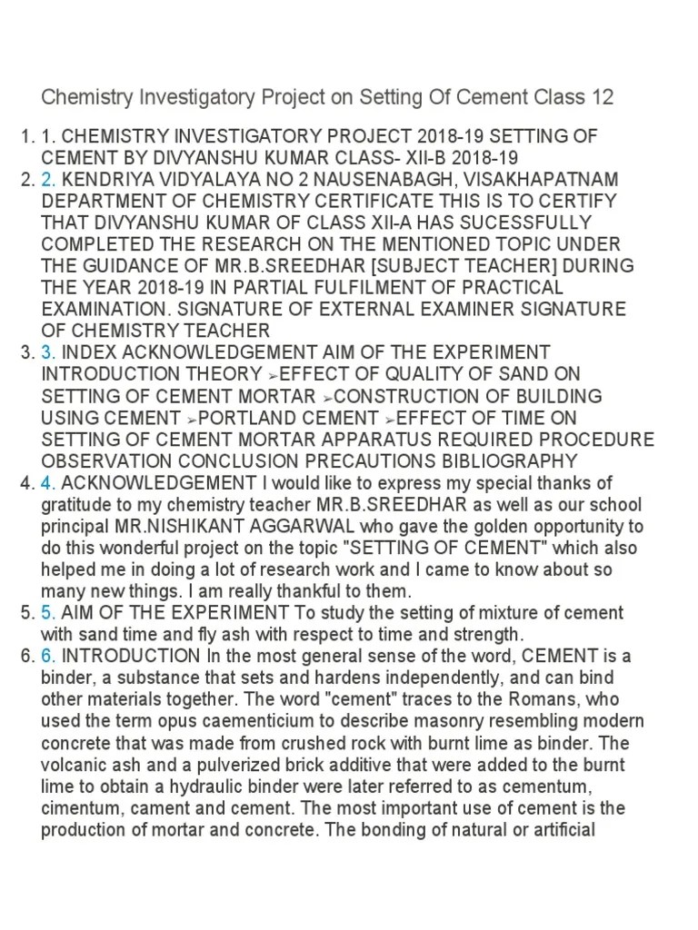 Chemistry Investigatory Project On Setting Of Cement Class 12 | PDF ...