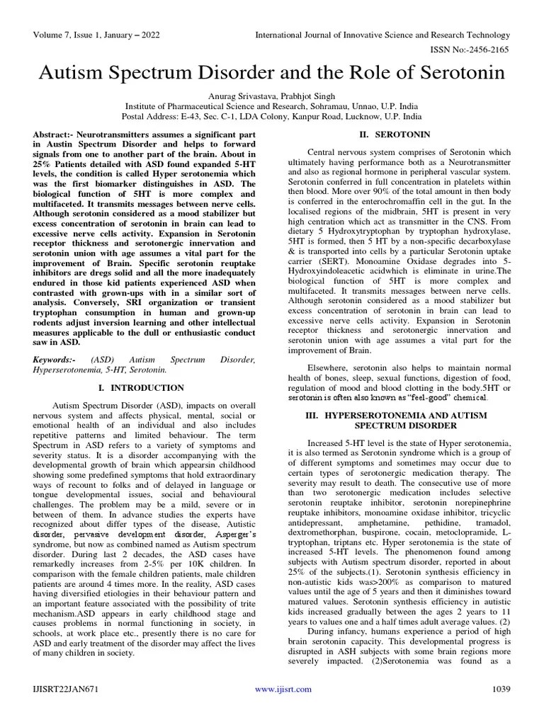 Autism Spectrum Disorder And The Role Of Serotonin | PDF | Serotonin ...