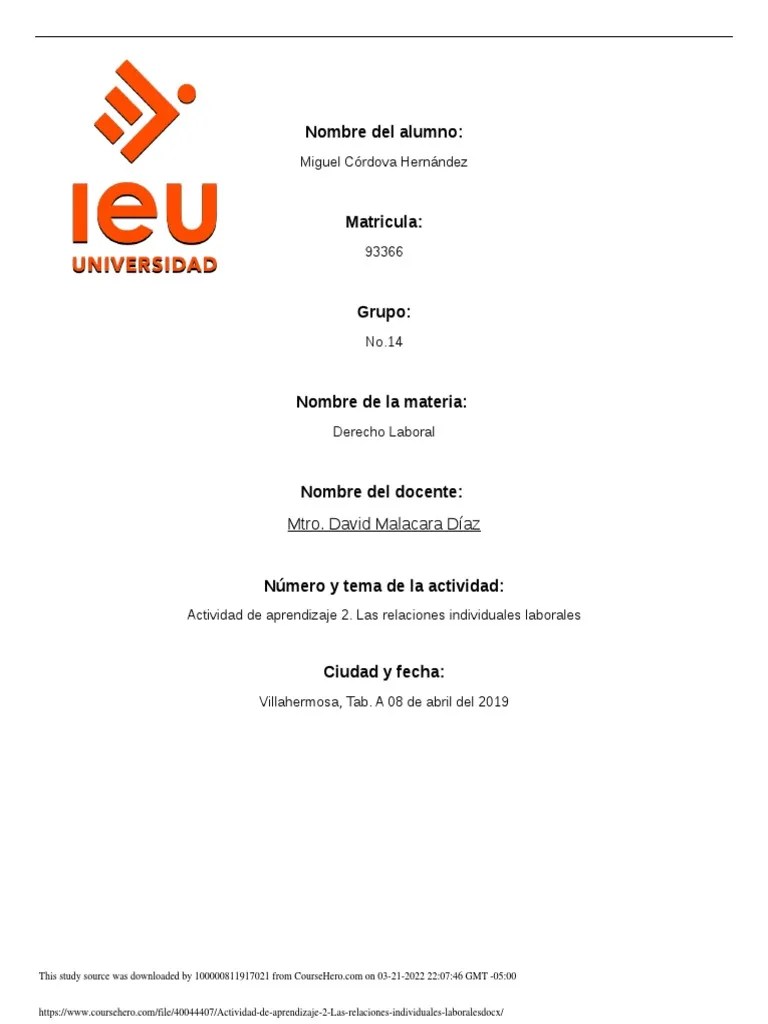 Actividad De Aprendizaje 2. Las Relaciones Individuales Laborales | PDF | Economias | Business