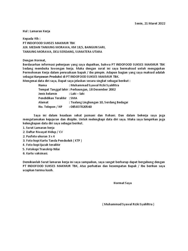 Surat lamaran kerja pt indofood sukses makmur tbk syawal