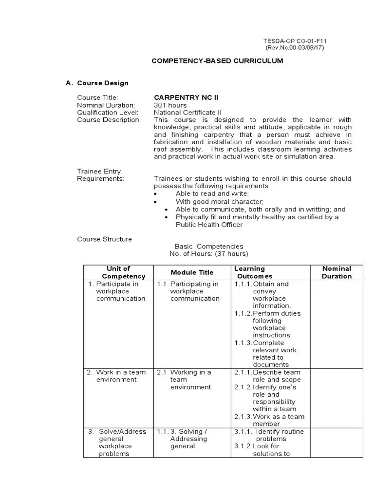 Competency Based Curriculum Carpentry | PDF | Educational Assessment ...