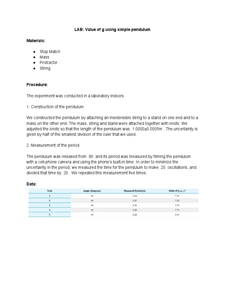 LAB - Value Of G Using Simple Pendulum | PDF | Pendulum | Applied And ...