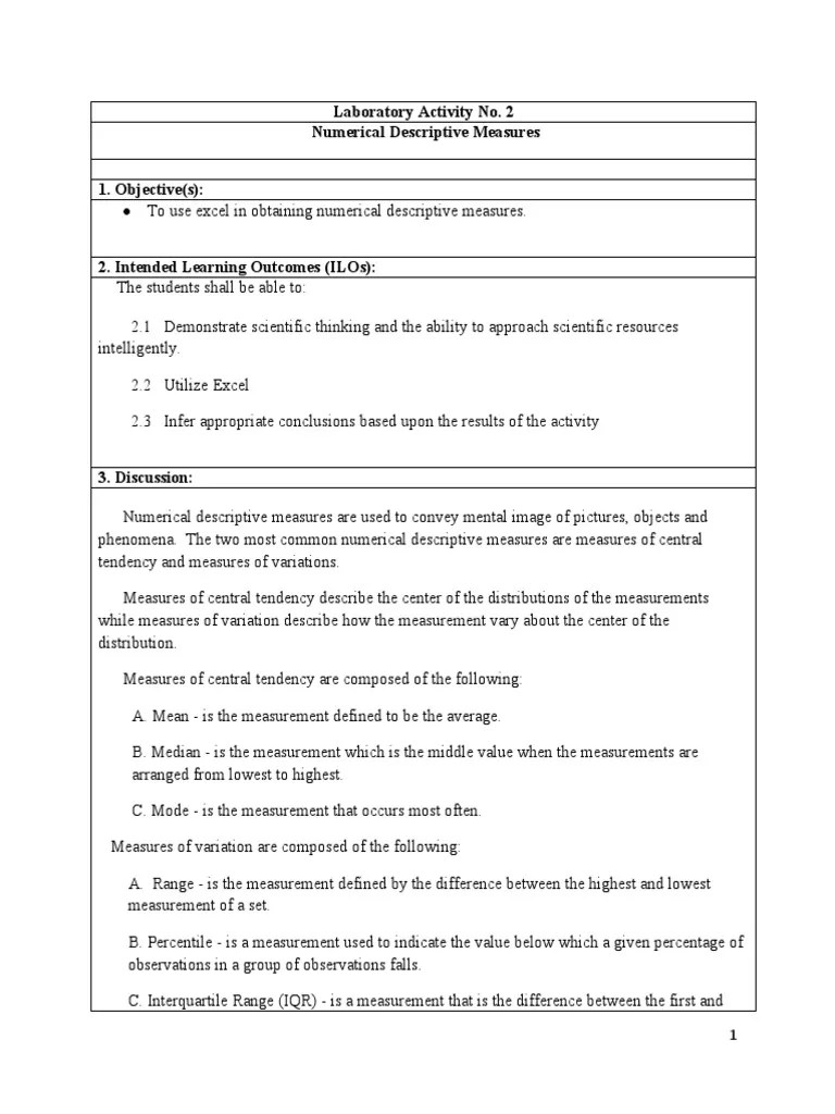 Laboratory Activity 2 Statistics | PDF | Mean | Standard Deviation