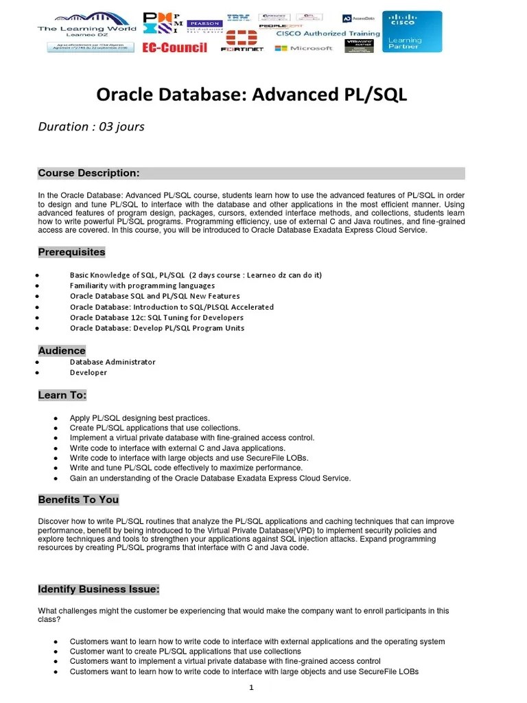 Advanced PL/SQL Course For Oracle Database | PDF | Pl/Sql | Databases