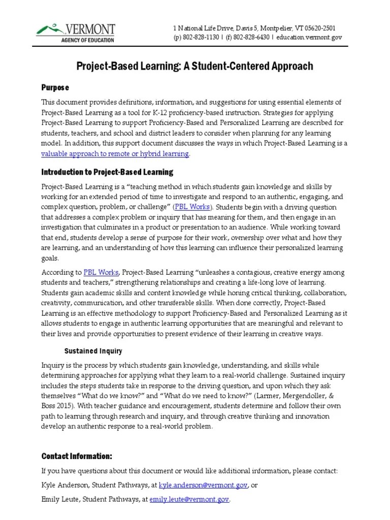 Project-Based Learning: A Student-Centered Approach: Purpose | PDF ...