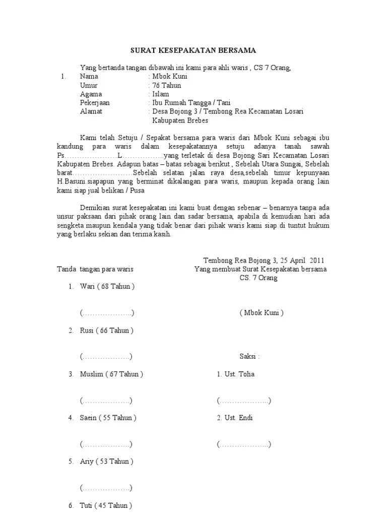 Surat pernyataan kesepakatan bersama saya yang bertanda tangan di bawah ini : Surat Kesepakatan Bersama Pdf