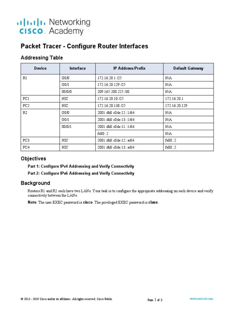 1.4.7 Packet Tracer - Configure Router Interfaces | PDF | I Pv6 | Ip ...