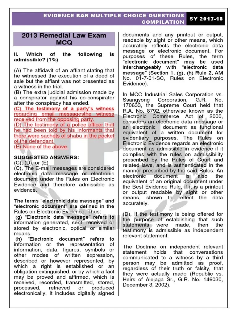 2013 Remedial Law Exam MCQ: Evidence Bar Multiple Choice Questions Compilation SY 2017-18 | PDF ...
