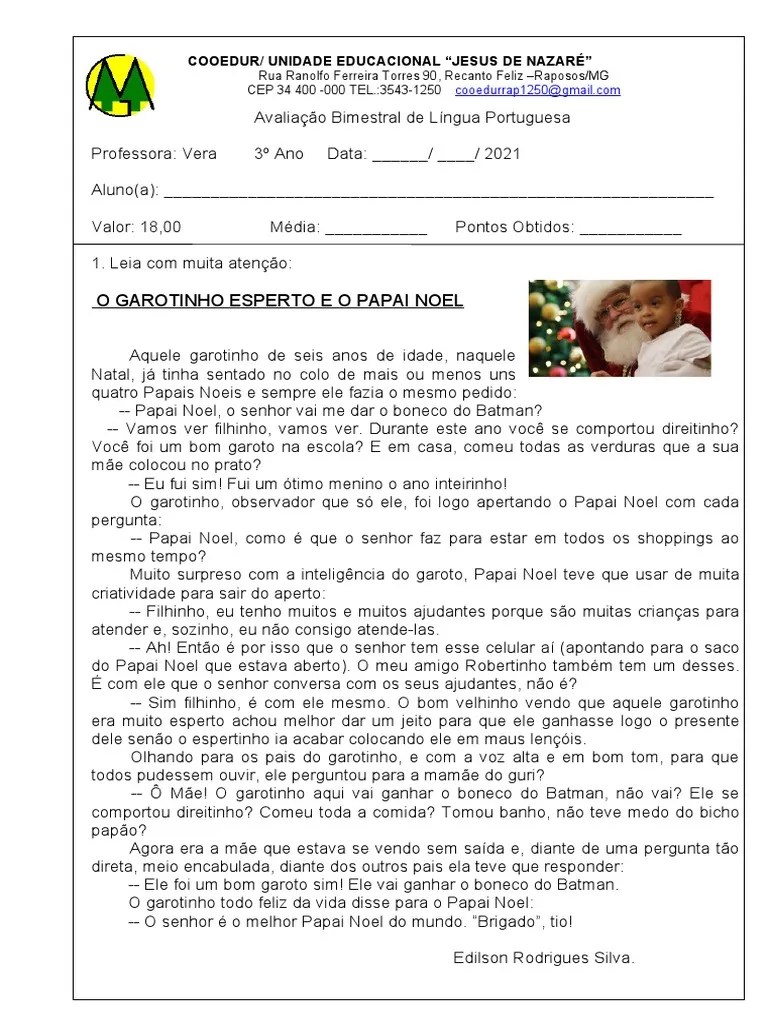 Prova De Português Do 3º Ano Do 4º Bimestre | PDF | Papai Noel ...