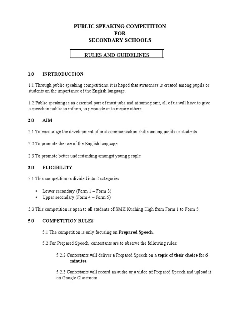 Public Speaking Competition FOR Secondary Schools: Rules And Guidelines | PDF | Public Speaking ...