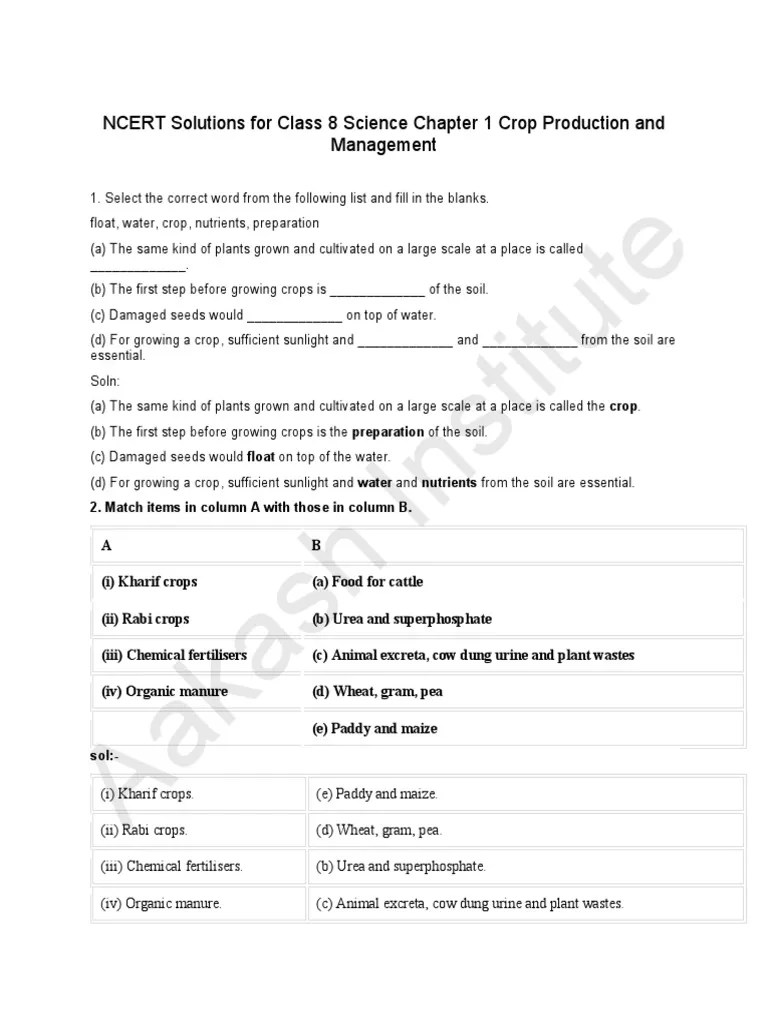 NCERT Solutions For Class 8 Science Chapter 1 Crop Production And Management | PDF | Soil | Weed