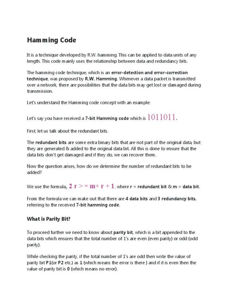 Hamming Code: Technique, Was Proposed By R.W. Hamming. Whenever A Data Packet Is Transmitted ...