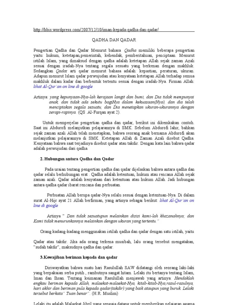 Iman kepada qada dan qadar. Qadha Dan Qadar