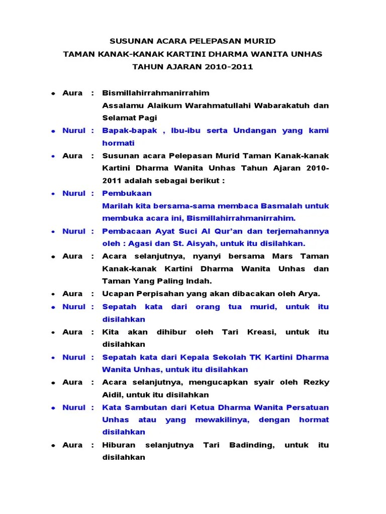 Dan kali ini kami akan memberikan beberapa contoh kata sambutan ketua panita acara perpisahan sekolah. Susunan Acara Pelepasan Murid Pdf