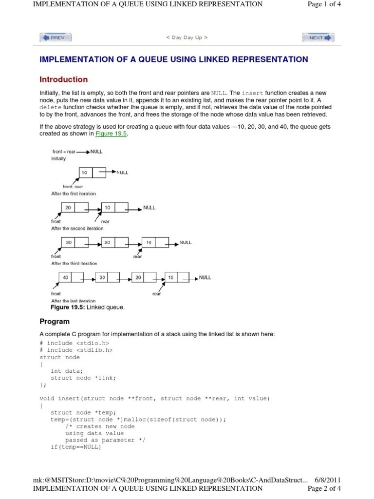 Implementation Of A Queue Using Linked Representation: Program | PDF ...