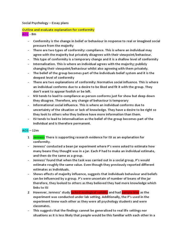 Social Psychology - Essay Plans | PDF | Obedience (Human Behavior) | Conformity