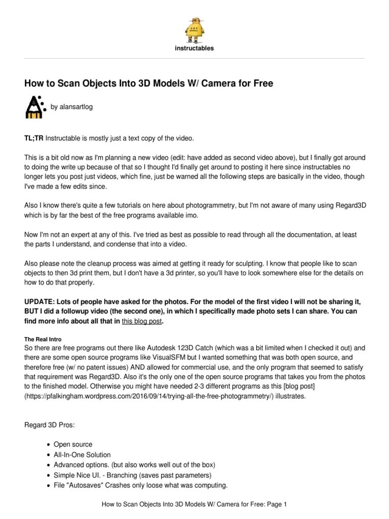 How To Scan Objects Into 3D Models W/ Camera For Free: Instructables | PDF | 3 D Computer ...