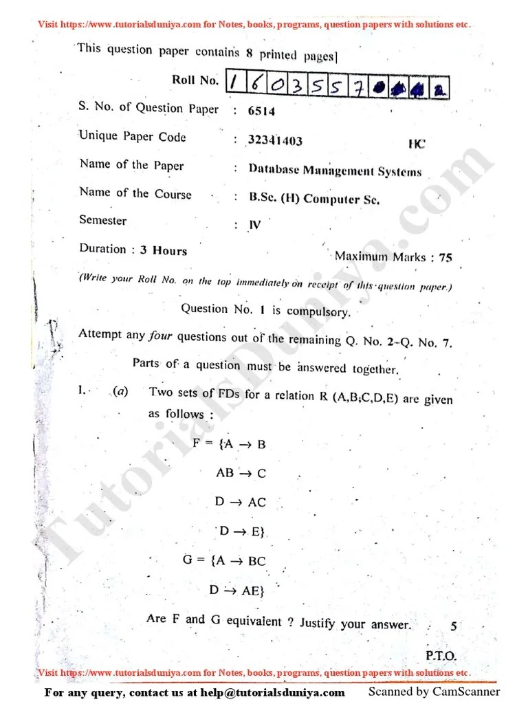 Database Management System Question Paper 2018 | PDF | Data Management | Software