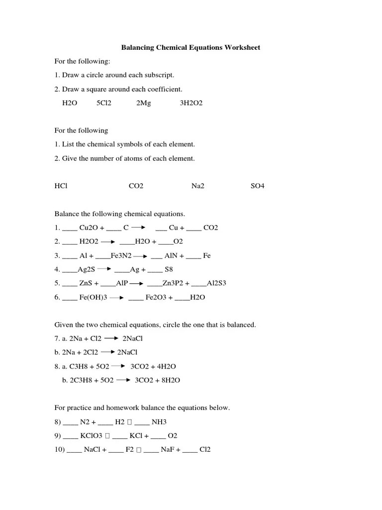 Balancing chemical equations worksheet
