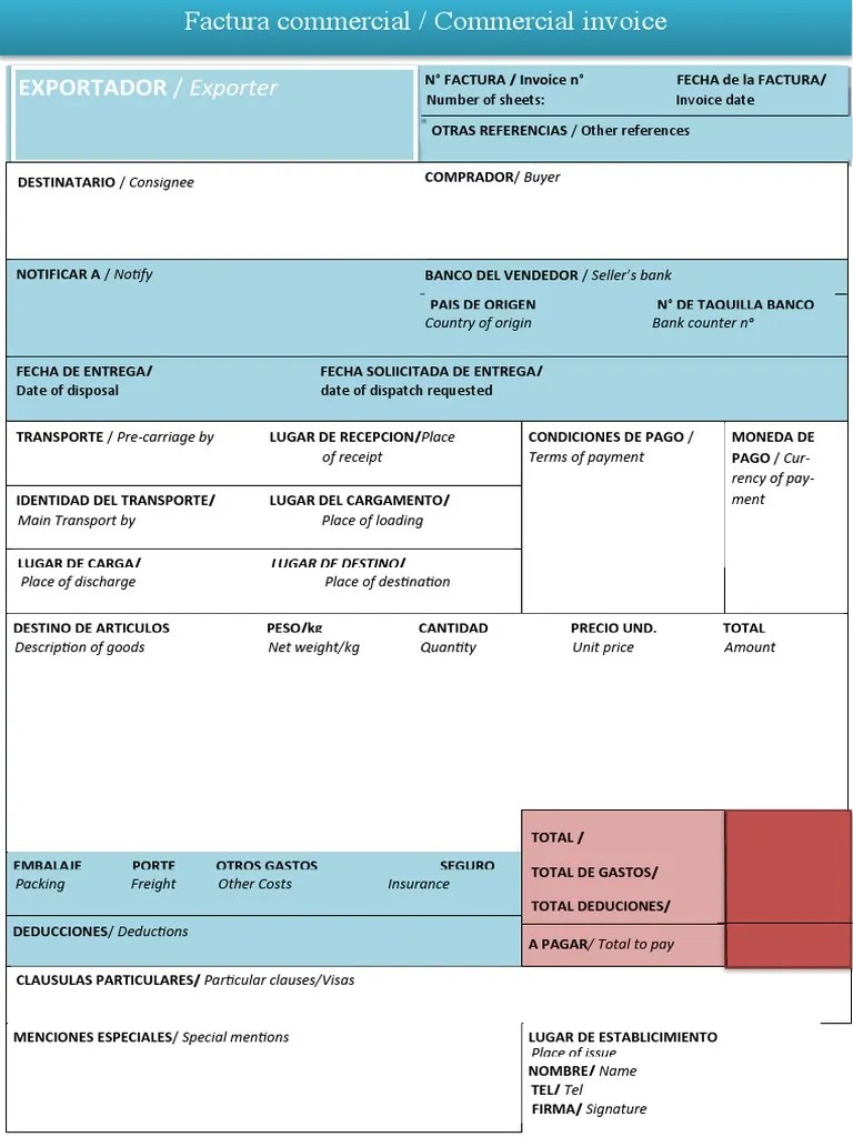 Plantilla Factura Comercial Internacional | PDF