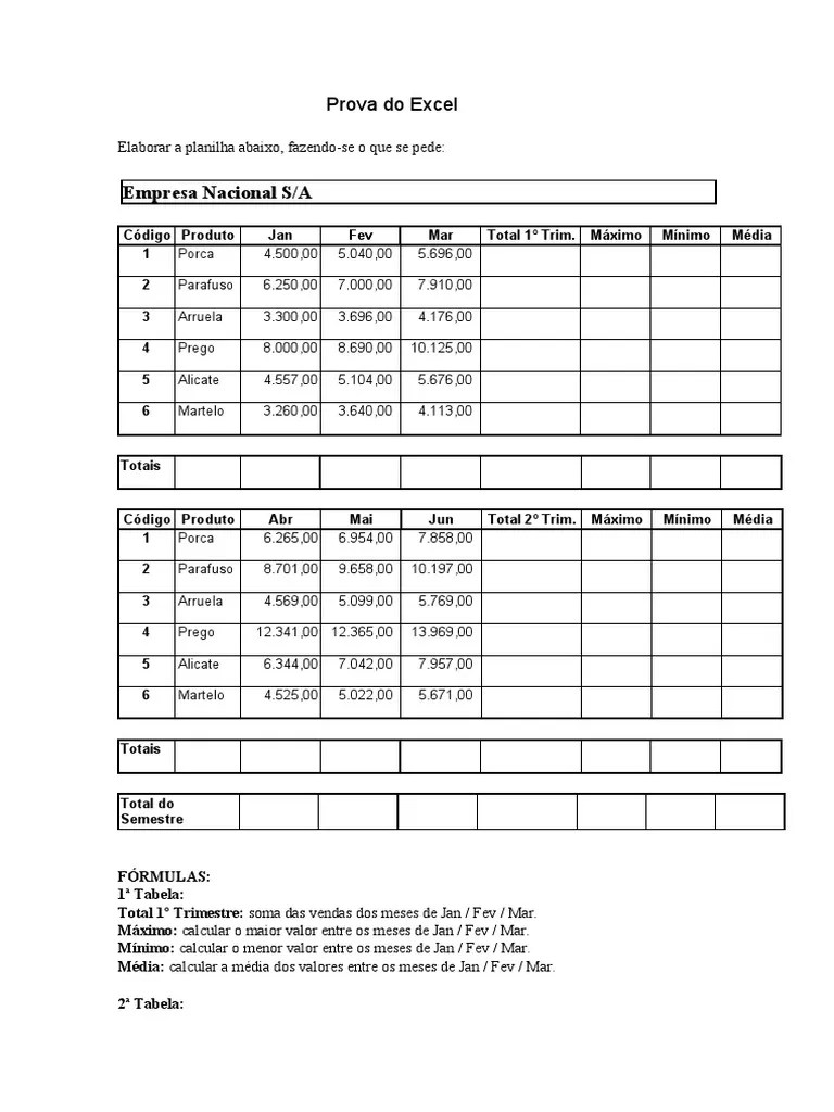 Prova Do Excel | PDF | Engenharia De Software | Ferramentas