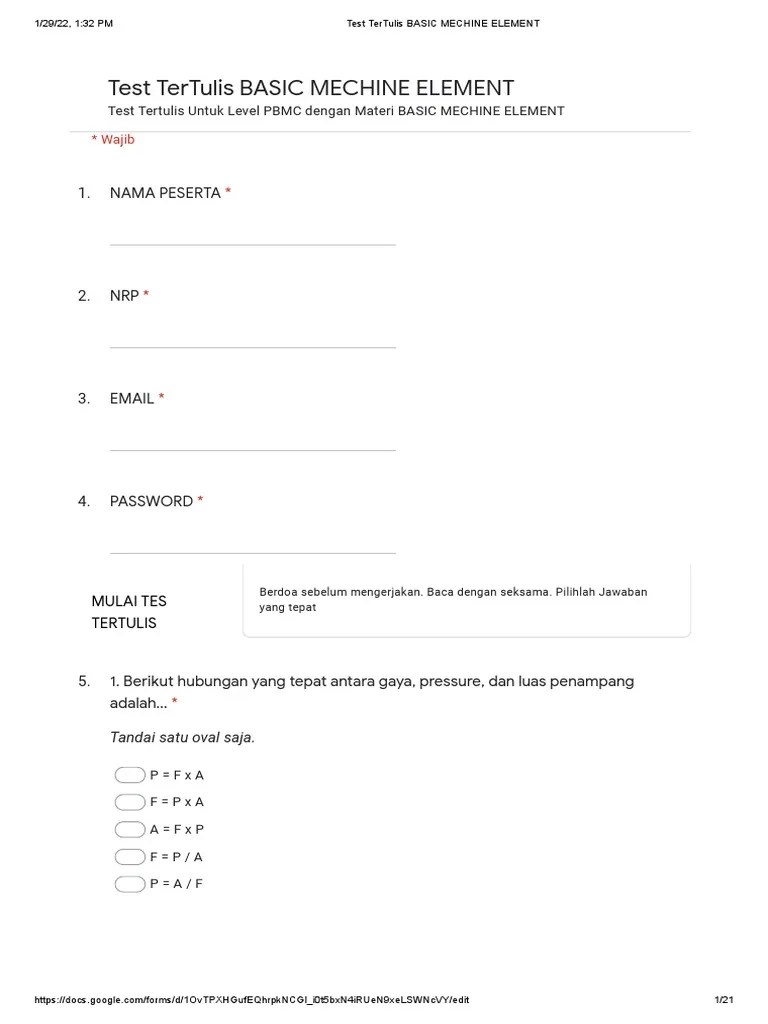 Test TerTulis BASIC MECHINE ELEMENT - Google Formulir | PDF