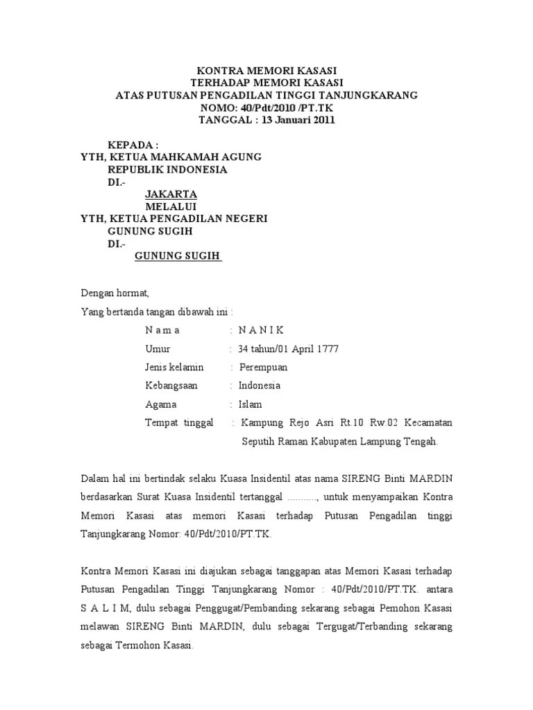 Contoh Surat Kuasa An Eksekusi Putusan 